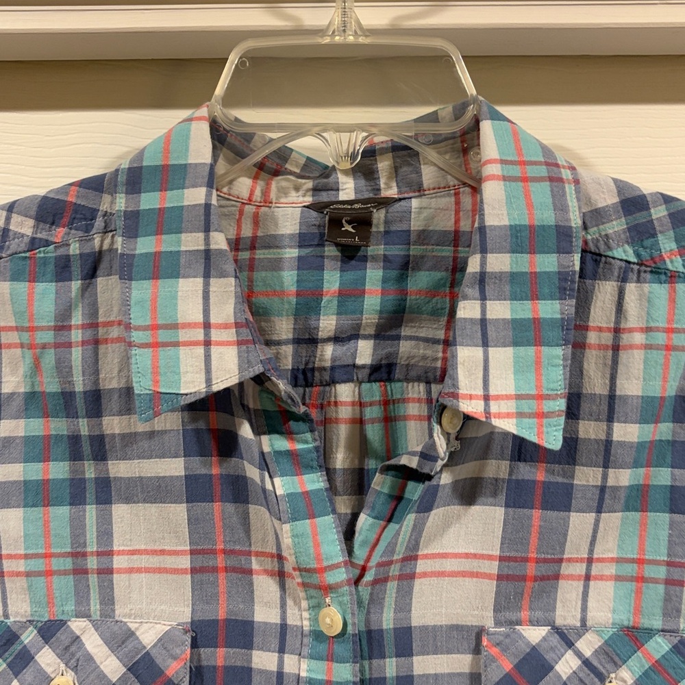 Eddie Bauer Plaid Short-Sleeve Button-Up Shirt - Blue/Teal size L Womens - Picture 2 of 5